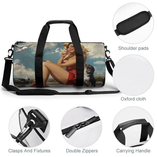 Pinup Girl with Fishing Pole Sports Gym Bag Travel Duffel Workout Bag with Adjustable Strap4