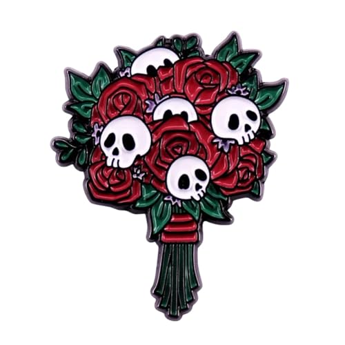 yangjinyuCartoon Flower Bouquet Skeleton Enamel Pin Gothic Punk Skull Brooch Cartoon Halloween Brooch Lapel Pin Fun Jewelry Gift for Women Men Girls Boys, Red