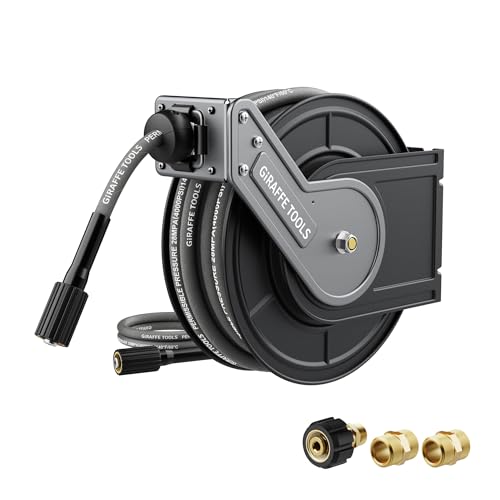 Giraffe Tools Pressure Washer Hose Reel 60ft 1/4 Power Washer Hose Reel Automatic Rewind Wall Mounted 4000 PSI