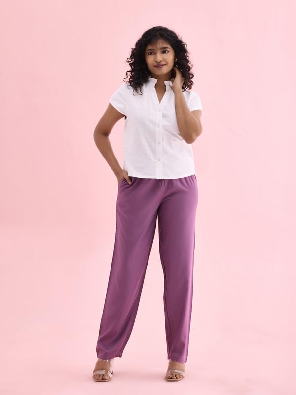 Image of GO COLORS Women Solid Mid Rise Relaxed Fit Viscose Casual Pants