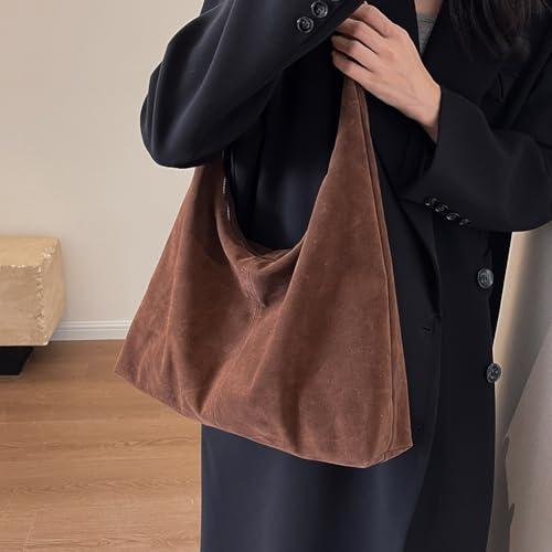 Image of Lushandy Brown Suede Purse Faux Suede Tote Bag Leather Hobo Bags for Women Slouchy Hobo Bag Fall Purse Shoulder Bag