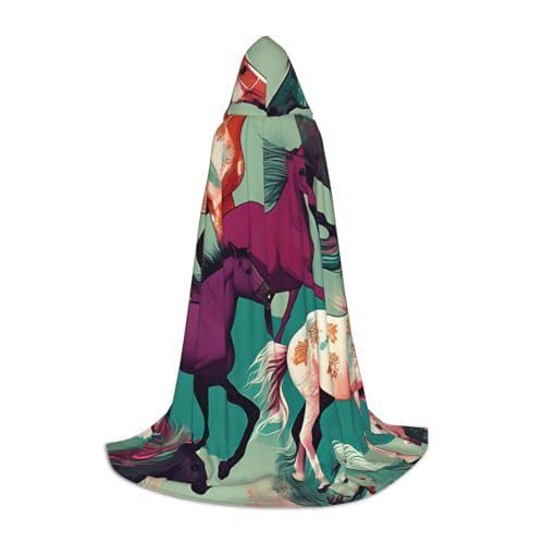 Cape à capuche avec imprimé chevaux et coupe fluide médiévale pour costume de fête