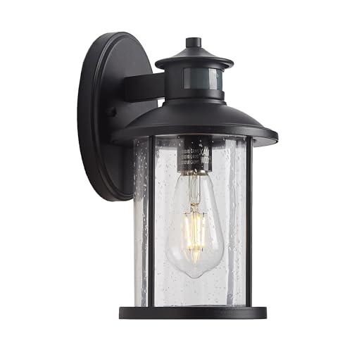Image of MICSIU 100W Max Black 3 Modes Motion Sensor Security Outdoor Wall Light | 11.5 inch Dusk to Dawn Exterior Fixture 1-Pack, No Assembly Required, Seedy Glass Back Porch Light for Garage Porch Home Patio