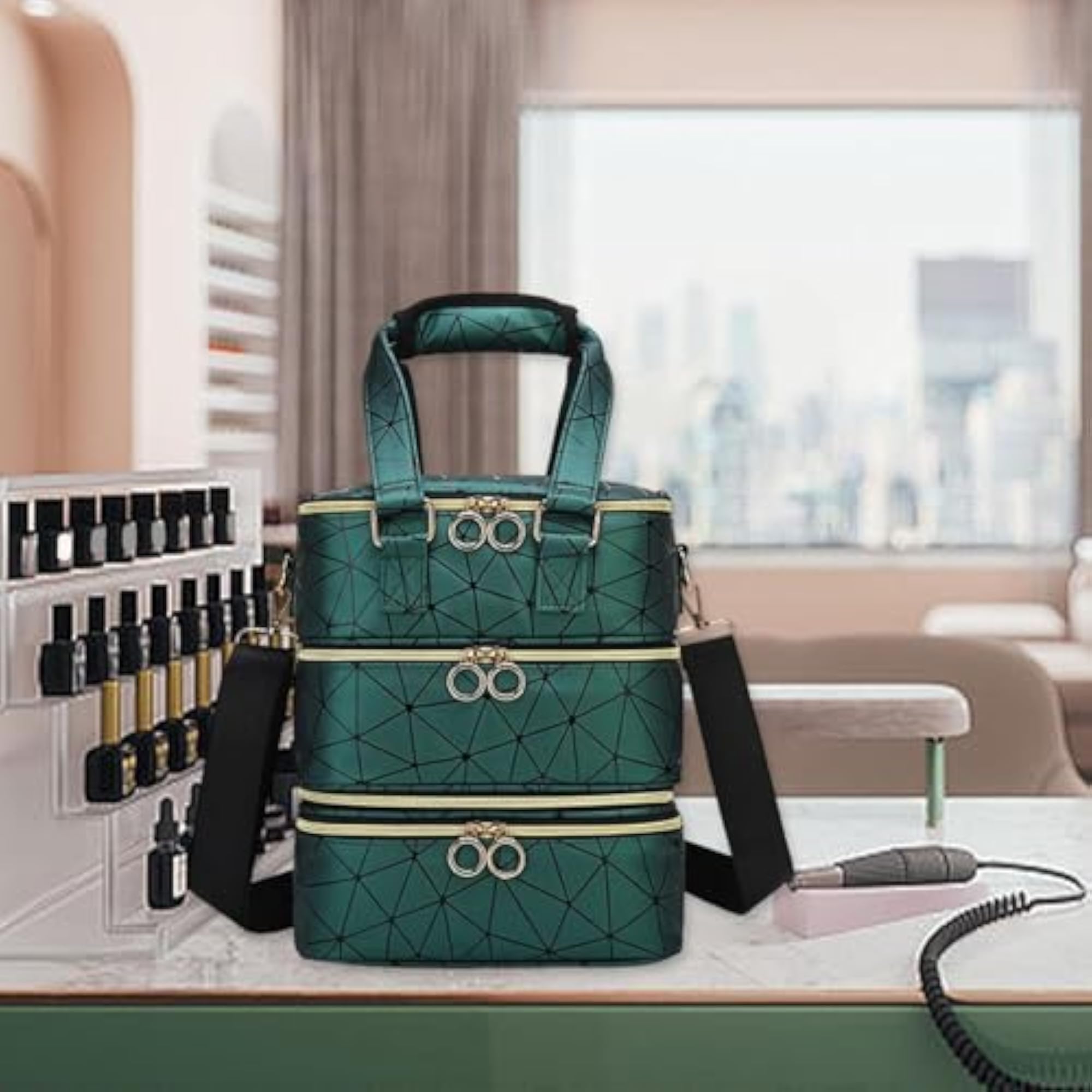 Stylish Green Nail Polish Organizer with Zipper Closure