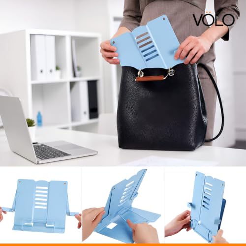 Image of Volo Portable Metal Book Stand Holder - Adjustable, Foldable Design for Desktop Use - Ideal for Cookbooks, Textbooks, Sheet Music, and More - Convenient Book Organizer (Blue)