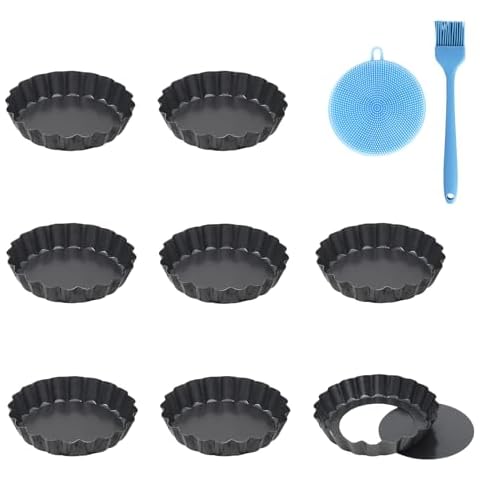 Mini Tart Pans 4 inch with Removable Bottom Set of 8,Sturdy Carbon Steel Non Stick Pie Pans for Baking,Quiche Pans Tart Molds for Mousse Cakes, Christmas Dessert with Silicone Scrubber and Brush Cover