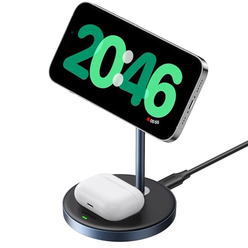 UGREEN MagFlow Wireless Charger Compatible with MagSafe Charger Stand 2-in-1 Magnetic Charging Station Compatible with iPhone Air/17/Pro/Max/16/15/14/13/12 AirPods 4/3/2/Pro