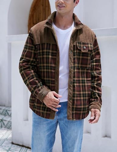 Image of Gihuo Men's Long Sleeve Sherpa Lined Shirts Outdoor Warm Flannel Plaid Jacket Button Down Fleece Coats