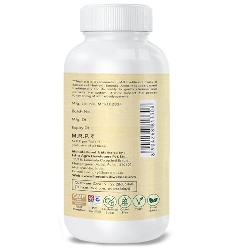 Image of Herbal Hills Triphala Tablets, (120 Tablets Pack) | Supports Healthy Digestion & Detox | Triphalahills Supplement For Constipation, Gut Cleanse & Metabolism | With Amla, Haritaki & Baheda