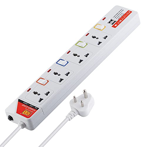 Image of MX 4-Way Power Strip with Individual Switches & LED Indicator | Spike Guard with Circuit Breaker | 2 USB Ports 5V 2.1A | Child Safety Shutter, 3M Cord