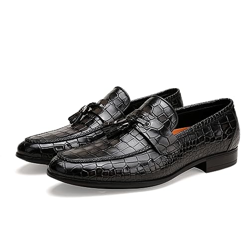 Image of Mens Leather Tassel Loafer, Classic Luxury Smooth Upper Tassel Slip-on Penny Loafer for Mens, Black