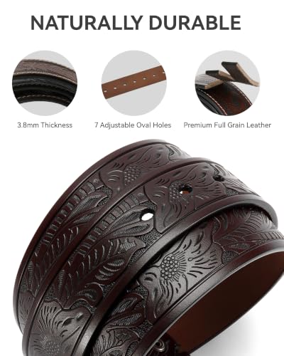 Image of CHAOREN Western Belts for Men without Buckle, 1.5 inch Full Grain Leather Strap | Cowboy Country Mexican Style, Tooled & Smooth, Secure Snap Design, Interchangeable Buckle, Gift Box