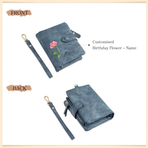 Personalized Birth Flower Wallet for Women Custom Wristlet Wallets with Name Small Leather Wallet Purse for Women Card Holder Wallet Gifts for Mom Grandma (Blue)2