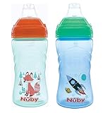 Nuby No Spill Printed Thirsty Kids No-Spill Sip-it Sport Cup with Soft Spout and Lid - 12oz / 360 ml, 12+ Months, Pack of 2, Green/Orange