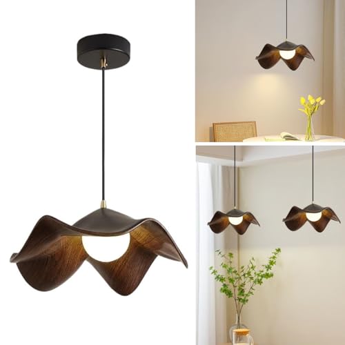 Modern Wood Grain Pendant Light, Resin Ceiling Chandelier – Adjustable Cord, Stylish Ceiling Light Shade for Dining, Kitchen, Living Room (28CM,Walnut)
