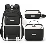 Fimibuke Backpacks for Girls, 3 PCS Waterproof School Backpack with Lunch Box & Pencil Pouch for Kids Teen Girl, Cute Bookbag School Bag for Elementary Middle High School Student Ages 6+(Black)
