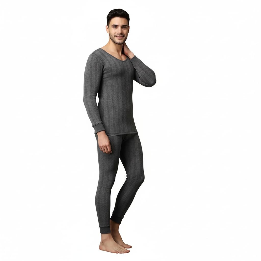 underloop Blueberry Thermal Innerwear Set for Men, Charcoal Grey Ribbed Knit Long Sleeve Top and Bottom-picture-33