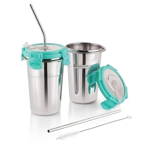 Image of TOFEE Stainless Steel Tumbler with Lid, Straw & Cleaning Brush (Each 400ml) Leakproof Travel Cup, Reusable & Durable, Sippy Cups for Home, Office & Outdoors (1, sea Green)