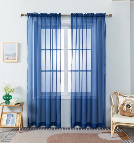 WPM Royal Blue Sheer Curtains 60" Wide x 63" Long 2 Panels Livingroom Window Treatment Rod Pocket Sheer Voile for Bedroom, Kitchen, Children Room Fully Stitched and Hemmed