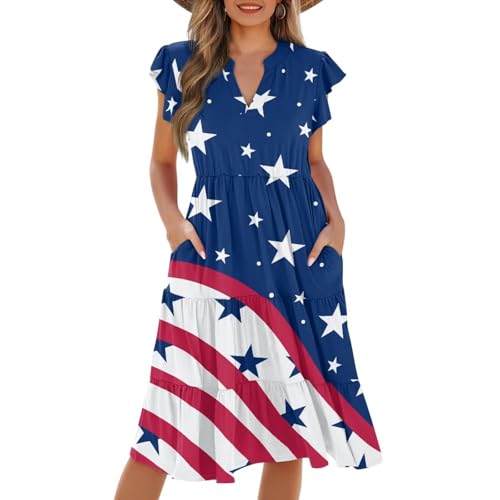 Image of Women's Casual Ruffle Sleeve Dress V Neck Pullover Dress Flowy A-Line Pleated Lightweight Dress with Pockets