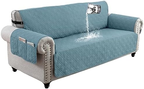 DSECHCRSL Sofa Cover 3 Seater, 100% Waterproof and Non-Slip Sofa Protectors Slipcover with 6 Side Pocket, 3 Seats Couch Covers with Adjustable Elastic Strap for Kids, Dogs, Easy To Clean,Grey