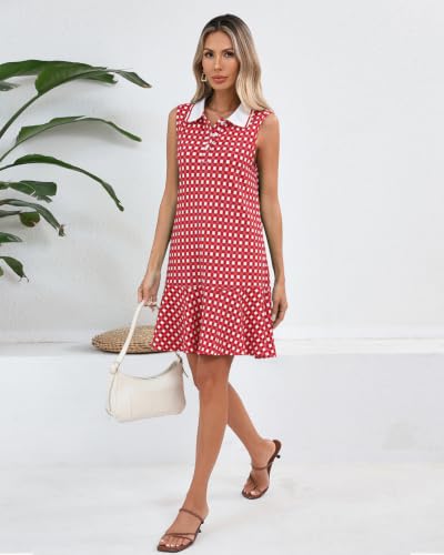 Image of YEXPINE Women's Sleeveless Polo Dress Ruffle Hem Lapel V Neck T-Shirt Summer Mini Dresses