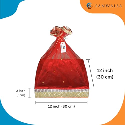 Image of (Large, 12x12x2 inch, Square, Red-Stone Lace) MDF Base Designer Gift Hamper Packaging Baskets with Net Cover, Gift Hamper Organiser Perfect for Any Occasion