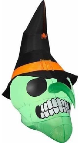 Gemmy Airblown Inflatable Green Skull Wearing Witch Hat with a Spider Hanging - Holiday Decoration, 6-foot Tall x 3.5-foot Wide x 5-foot Deep