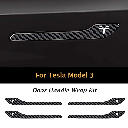 Image of IPG Compatible for Model 3 / Model Y /Juniper Door Handle Decal Sticker Wrap Kit (Set of 4) with Tesla Logo Personalize Your Tesla (Black Carbon Fiber)