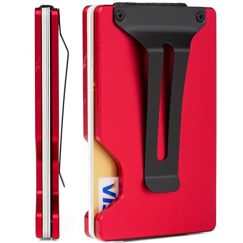 Image of Minimalist Wallet for Men, Slim Metal RFID Blocking Wallet Credit Card Holder Money Clip & Cash Strap, Scratch-Resistant Holds 15 Cards,Ideal Gift for Men | Matte Red