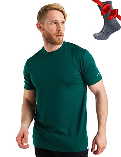 Merino Wool Undershirt for Men – Lightweight Thermal T-Shirt + Socks (XX-Large, Emerald Green)
