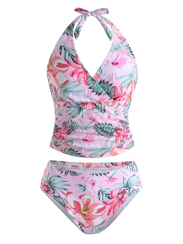 Image of YOURUIKEY Girls Tankini Swimsuit 2 Piece Halterneck Bathing Suit Adjustable Straps and Removable Bra for Girls and Teen 7-16Y