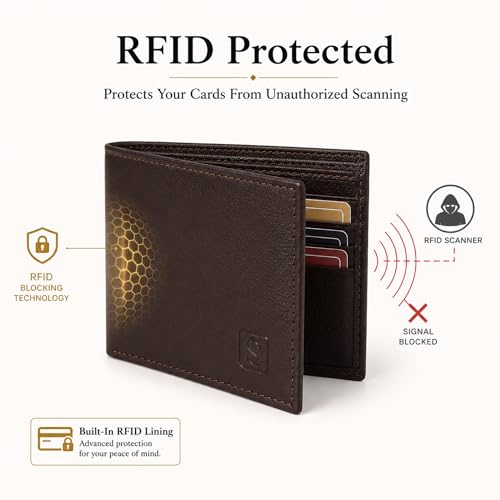 Image of SOVANO Genuine Leather Wallets for Man Original Bi Fold Slim Mens Wallets Design with RFID Protection ID Window Easy Access 6 Card Slots 2 Hidden Pockets Compact Gift for Men (Brown)