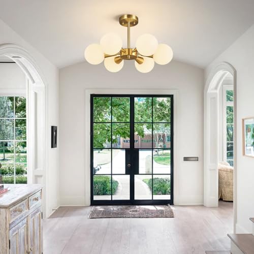 Image of Mid Century Modern Ceiling Light with Milk White Glass lampshade Gold Semi Flush Mount Ceiling Light Fixture Sputnik Chandelier for Bedroom Living Room Dining Room Foyer Hallway(6-Lights)