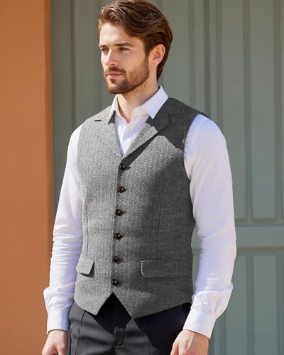 Men Herringbone Tweed Suit Vest,Men Retro Vest Slim Fit Waistcoat for Casual Business Prom3