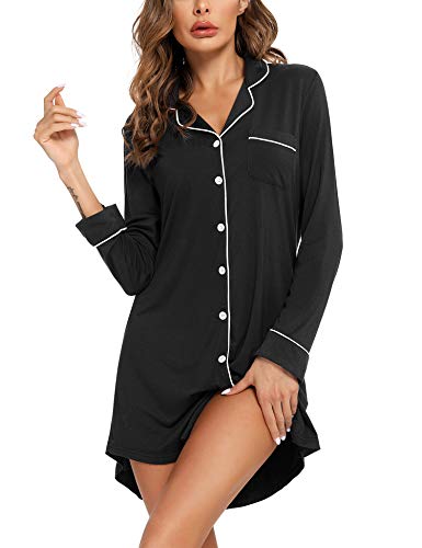 Image of Samring Nightgowns for Women Long Sleeve Button Down Night Gown Sleepshirts | Classic Nightdress,Soft House Dress,Chest Pocket,Loose Boyfriend Style,Sleep,Lounge,Wedding,Maternity&Postpartum,All Seasons