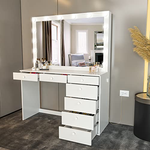 Boahaus Diana Modern Vanity Makeup Desk With Hollywood Vanity Mirror, Lights, 07 Drawers, Large Top, Sturdy Frame, White Painted Makeup Desk For Bedroom (New Version 04/2023) #TOP1