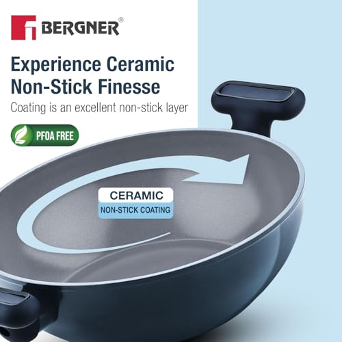 Image of BERGNER Jade 24cm (2.5L) Kadai with Glass Lid, Ceramic Non-Stick Coating, Sturdy Soft Touch Handles, PFOA /PFAS /PTFE Free, Healthy Cooking, Forged Aluminium - Induction and Gas Stove Ready