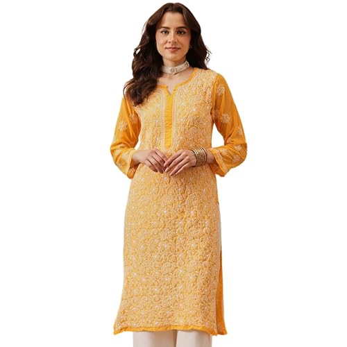 Ada Indian Hand Embroidered Chikankari Yellow Georgette Kurta Kurti Tunic for Women A95504 (L)