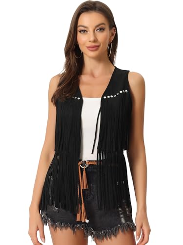 Image of Allegra K Women's Fringe Top Vest Open Front Western 70s Outfits Faux Suede Tassel Cardigan