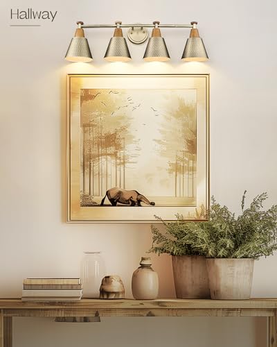 Image of FEMILA Vanity Lights, 4-Lights Bathroom Light Fixtures Over Mirror, Antique Brass Wall Sconces Lamp with Hammered Metal Shade Finish, 4FG59B-4W BG