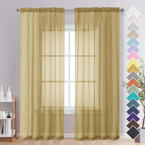 Image of OVZME Gold Sheer Curtains 84 Inches Long 2 Panels - Soft Light Filtering Window Sheer Panels for Living Room /Bedroom, Top Dual Rod Pocket, 1 Pair, Each 42Wx84L Inches