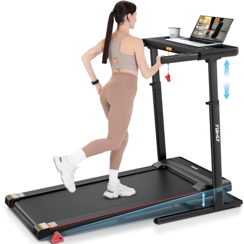 Treadmill with Desk Workstation & Adjustable Height, 350 LBS Weight Capacity, Folding Treadmill with 3 Level Incline, Bluetooth Speaker & App, Portable 3.5HP Walking Pad with Desktop for Home Office