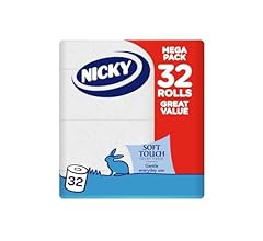 Nicky Soft Touch Toilet Tissue - 32 Rolls of Extra Gentle White Toilet Paper, 190 Sheets per Roll, 2-ply, Soft Tissue, Mode…