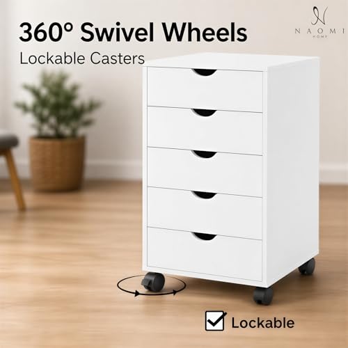 Image of Naomi Home 5 Drawer Storage Cabinet with Wheels White Wooden File Chest | Mobile drawer organizer with spacious storage, smooth-gliding drawers, and locking casters for home or office use.