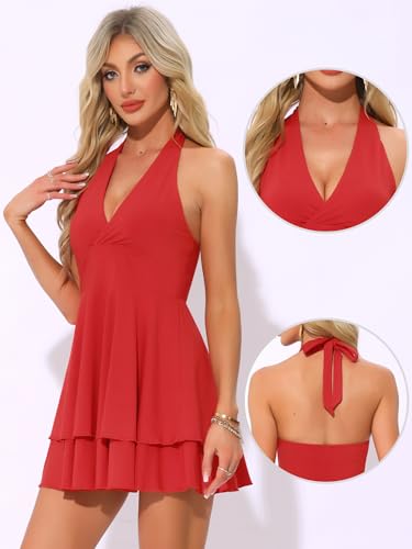 Image of Allegra K Halter Dress for Women's Party Skater Ruffle Backless Slim Fit Short Mini Dresses