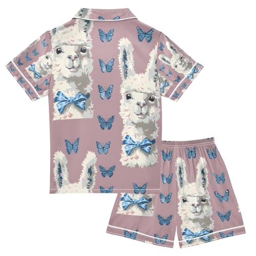 senya Alpaca Wearing Blue Butterflies Satin Summer Pajama Sets Silk Short Sleeve Button Down Sleepwear2