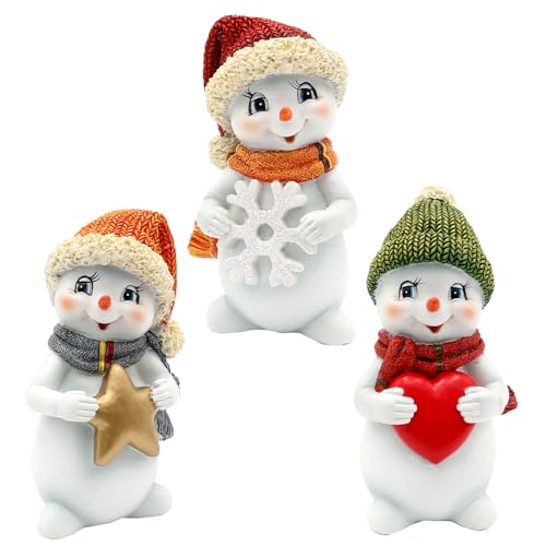 Dekohelden24 Schneekinder - Schneemänner als 3er Set mit Mütze und Schal in rot, grün und orange, stehend mit Stern, Schneeflocke und Herz, L/B/H 6 x 5 x 11 cm