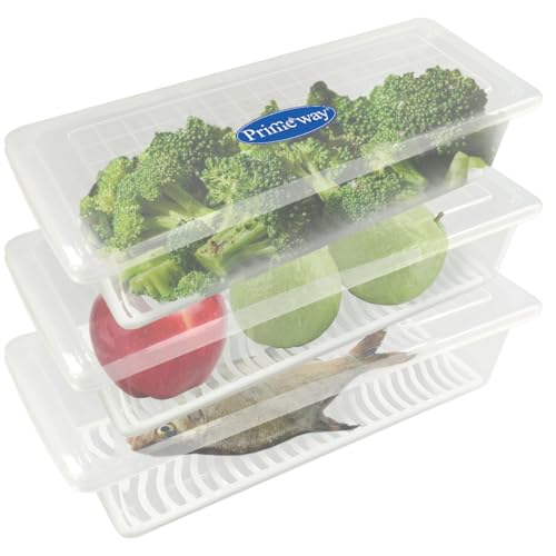 Image of Primeway Polypropylene Pack of 3 Food Savers Containers with Water Drain Tray | Kitchen Boxes | Fridge Organiser | Keep Fresh Storage | Stackable | 29.5x11.8x7.2cm | 1.5L each | Clear