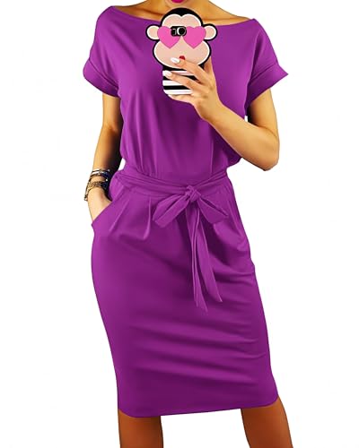 Image of PRETTYGARDEN Women's Summer Short Sleeve Crewneck Striped Dress Basic Solid Tie Waist Office T Shirt Dresses Pockets
